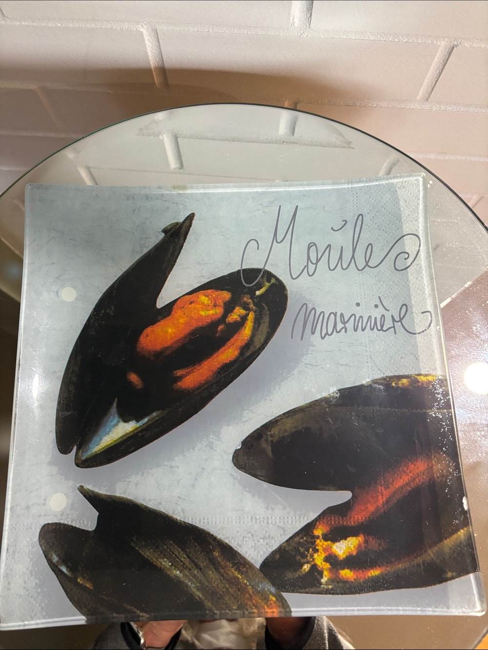 Glass Serving Platter with Black and Orange Mussel Motif